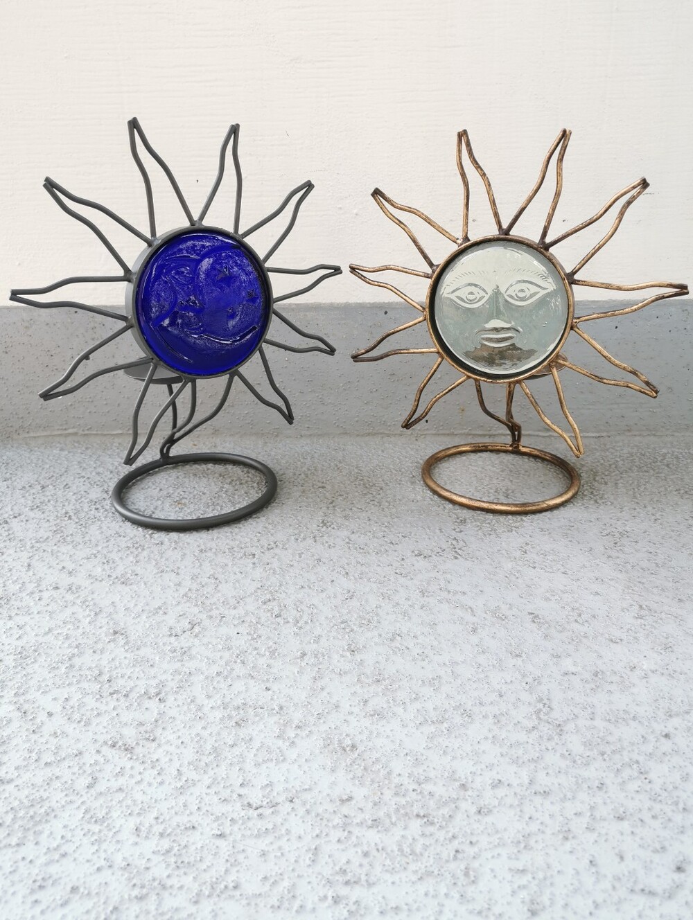 Vintage Celestial Sun & Moon Metal & Glass Tea Light Candle Holder Set
